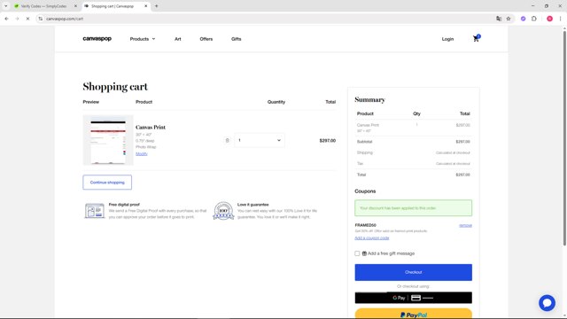 Canvaspop checkout page showing Canvaspop discount code box | Screenshot taken by SimplyCodes community member on Aug 8, 2025
