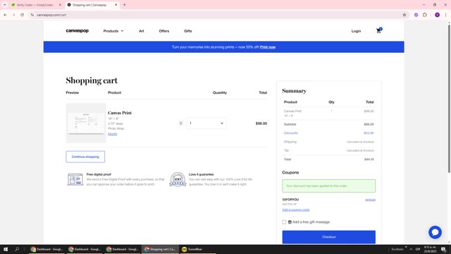 Canvaspop checkout page showing Canvaspop discount code box | Screenshot taken by SimplyCodes community member on Aug 23, 2025
