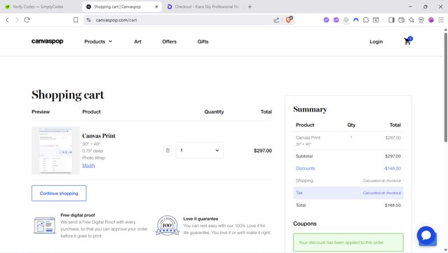 Canvaspop checkout page showing Canvaspop discount code box | Screenshot taken by SimplyCodes community member on Aug 23, 2025