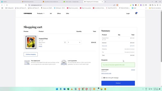 Canvaspop checkout page showing Canvaspop discount code box | Screenshot taken by SimplyCodes community member on Jul 23, 2025