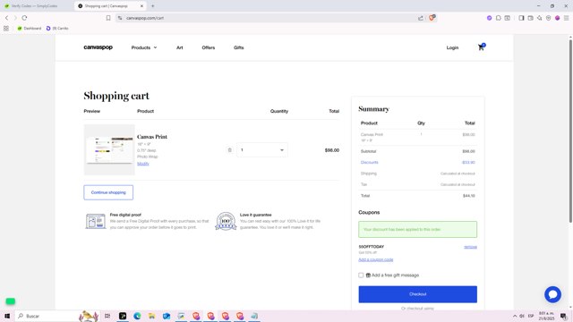 Canvaspop checkout page showing Canvaspop discount code box | Screenshot taken by SimplyCodes community member on Aug 21, 2025