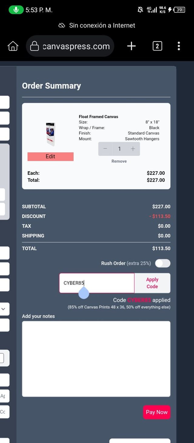 Canvas Press checkout page showing Canvas Press promo code box | Screenshot taken by SimplyCodes community member on Aug 6, 2025