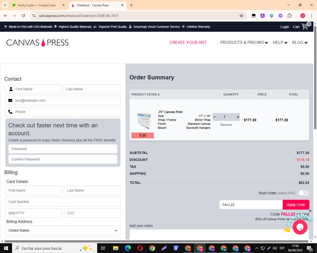 Canvas Press checkout page showing Canvas Press promo code box | Screenshot taken by SimplyCodes community member on Aug 6, 2025