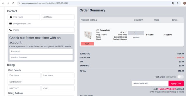 Canvas Press checkout page showing Canvas Press promo code box | Screenshot taken by SimplyCodes community member on Aug 6, 2025