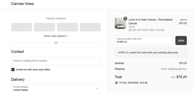 Canvas Vows checkout page showing Canvas Vows discount code box | Screenshot taken by SimplyCodes community member on Sep 3, 2025