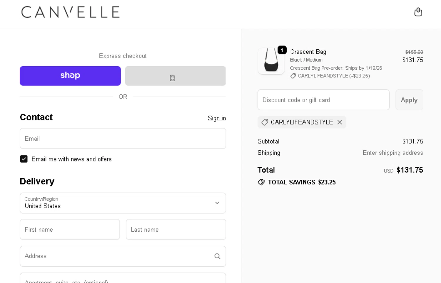 Canvelle discount code screenshot showing code carlylifeandstyle applied at Canvelle checkout page. Uploaded by SimplyCodes community member BLUEBLASTOISE on Jan 6, 2026