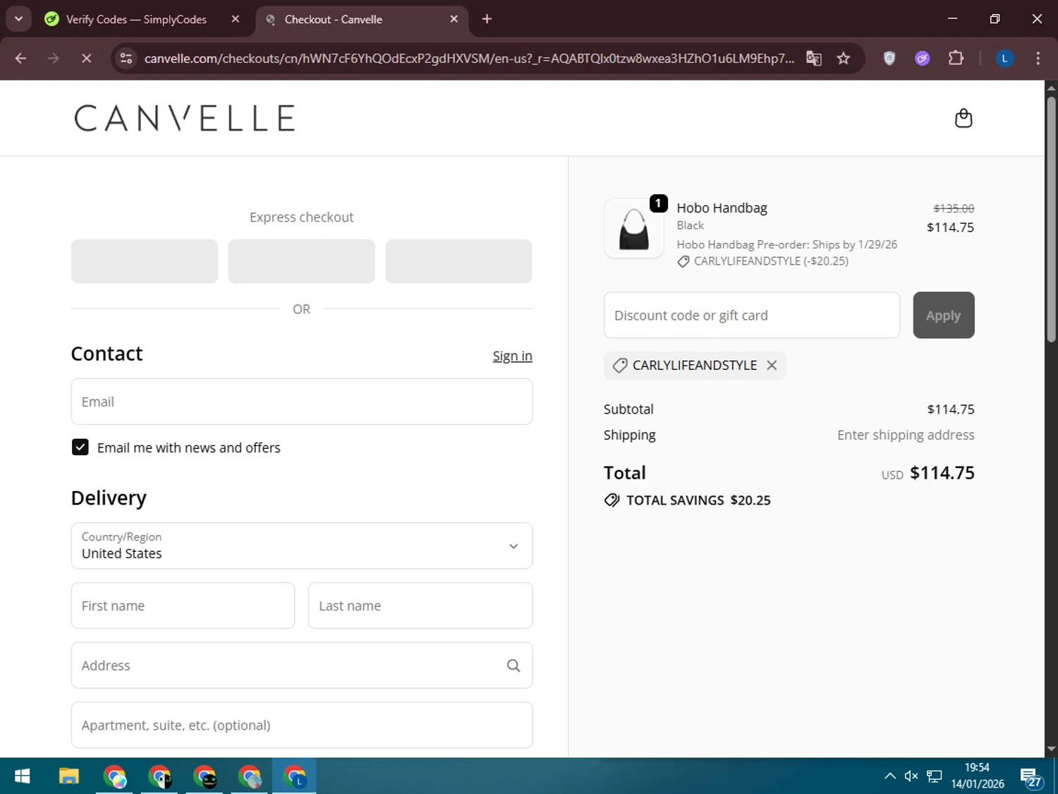 Canvelle discount code screenshot showing code carlylifeandstyle applied at Canvelle checkout page. Uploaded by SimplyCodes community member LegendaryLegend5536 on Jan 14, 2026