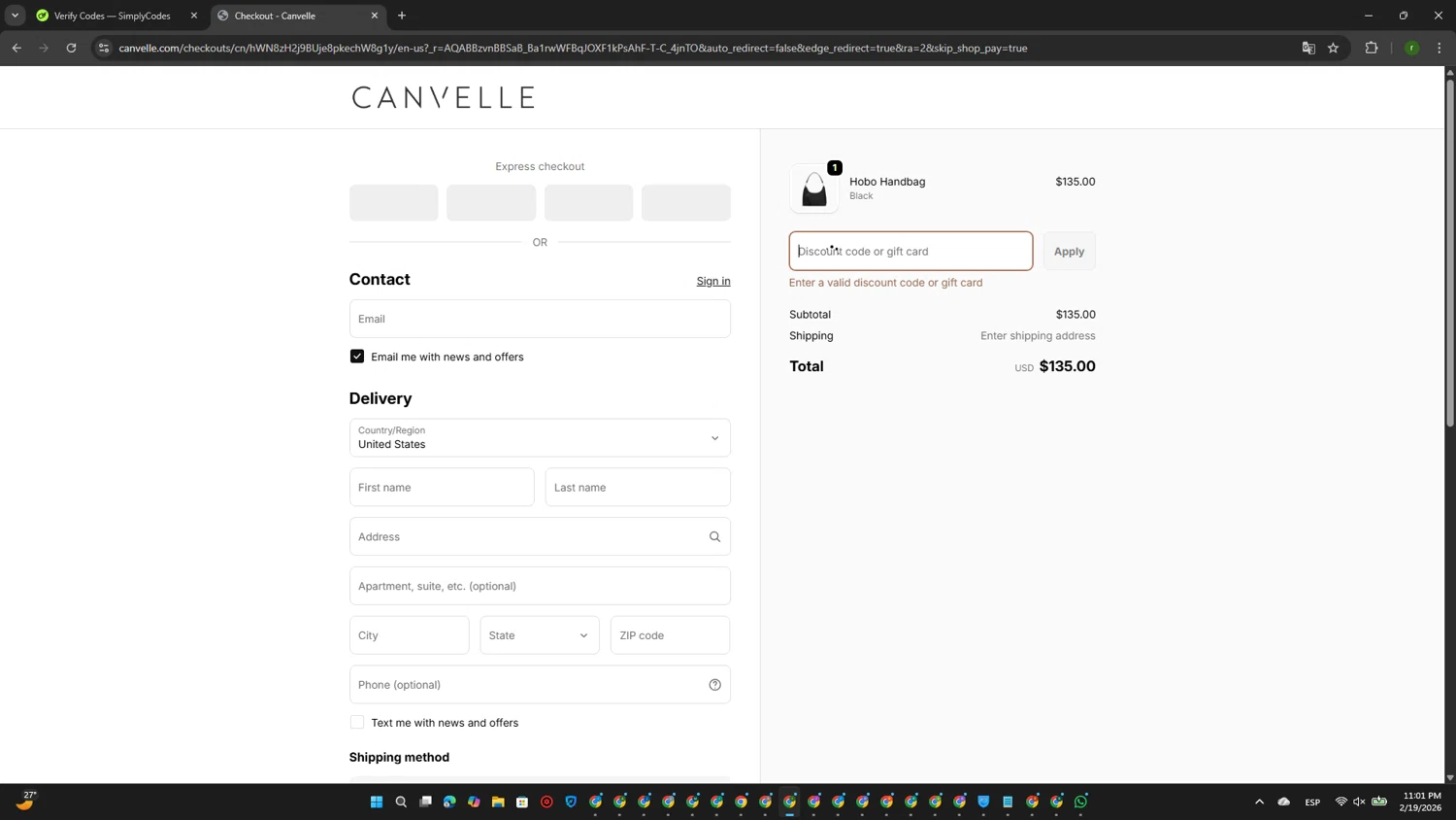 Canvelle promo code screenshot showing code GALENTINE20 applied at Canvelle checkout page. Uploaded by SimplyCodes community member GoldScout9735 on Feb 20, 2026