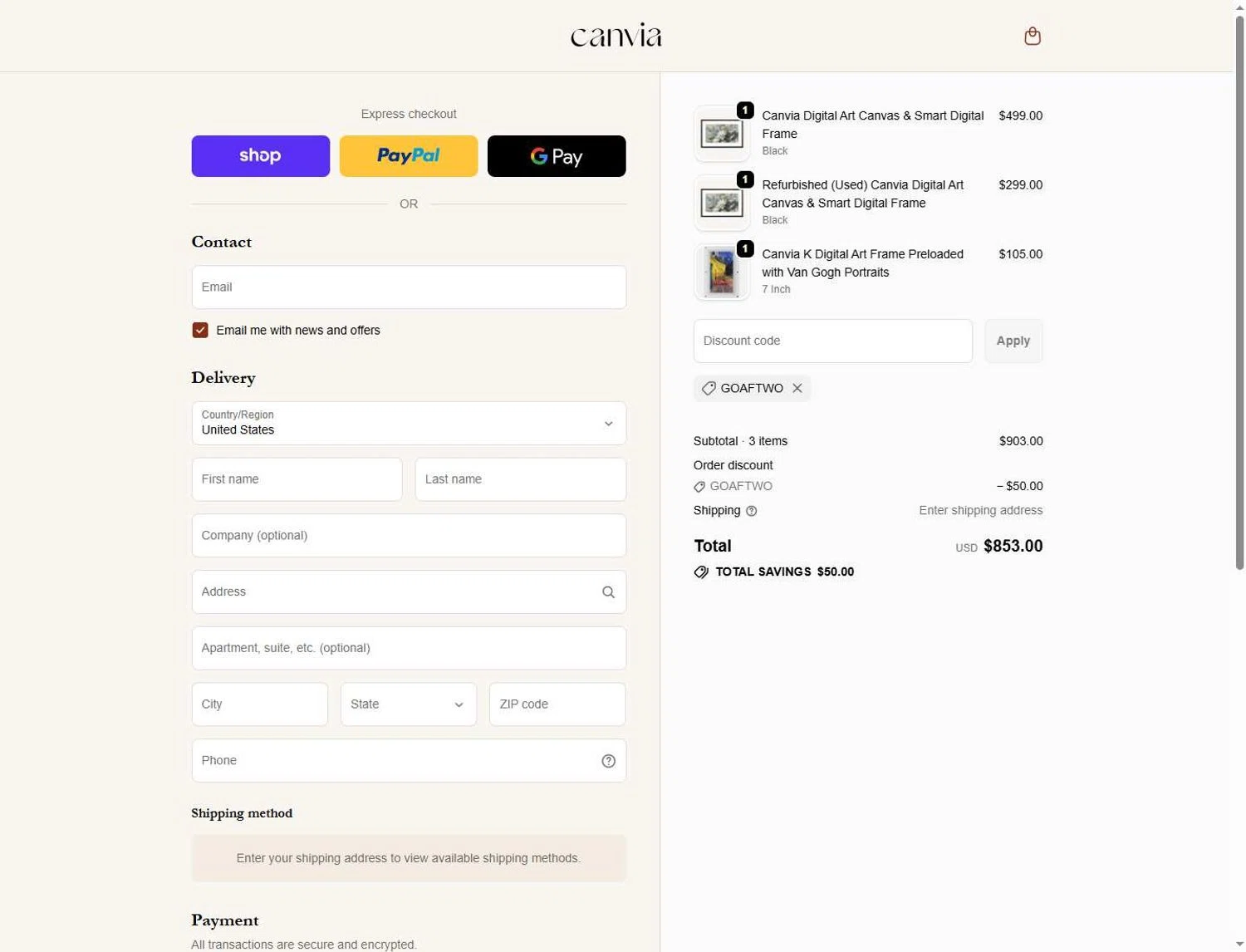 Canvia promo code screenshot showing code GOAFTWO applied at Canvia checkout page. Uploaded by SimplyCodes community member Andaspendientedeunovale on May 30, 2026