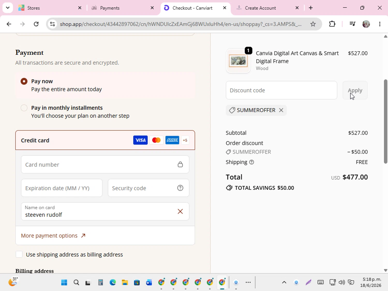 Canvia promo code screenshot showing code SUMMEROFFER applied at Canvia checkout page. Uploaded by SimplyCodes community member karolg on Jun 18, 2026