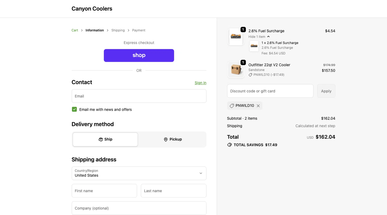 Canyon Coolers promo code screenshot showing code PNWILD10 applied at Canyon Coolers checkout page. Uploaded by SimplyCodes community member ELOIN777 on Jun 4, 2026