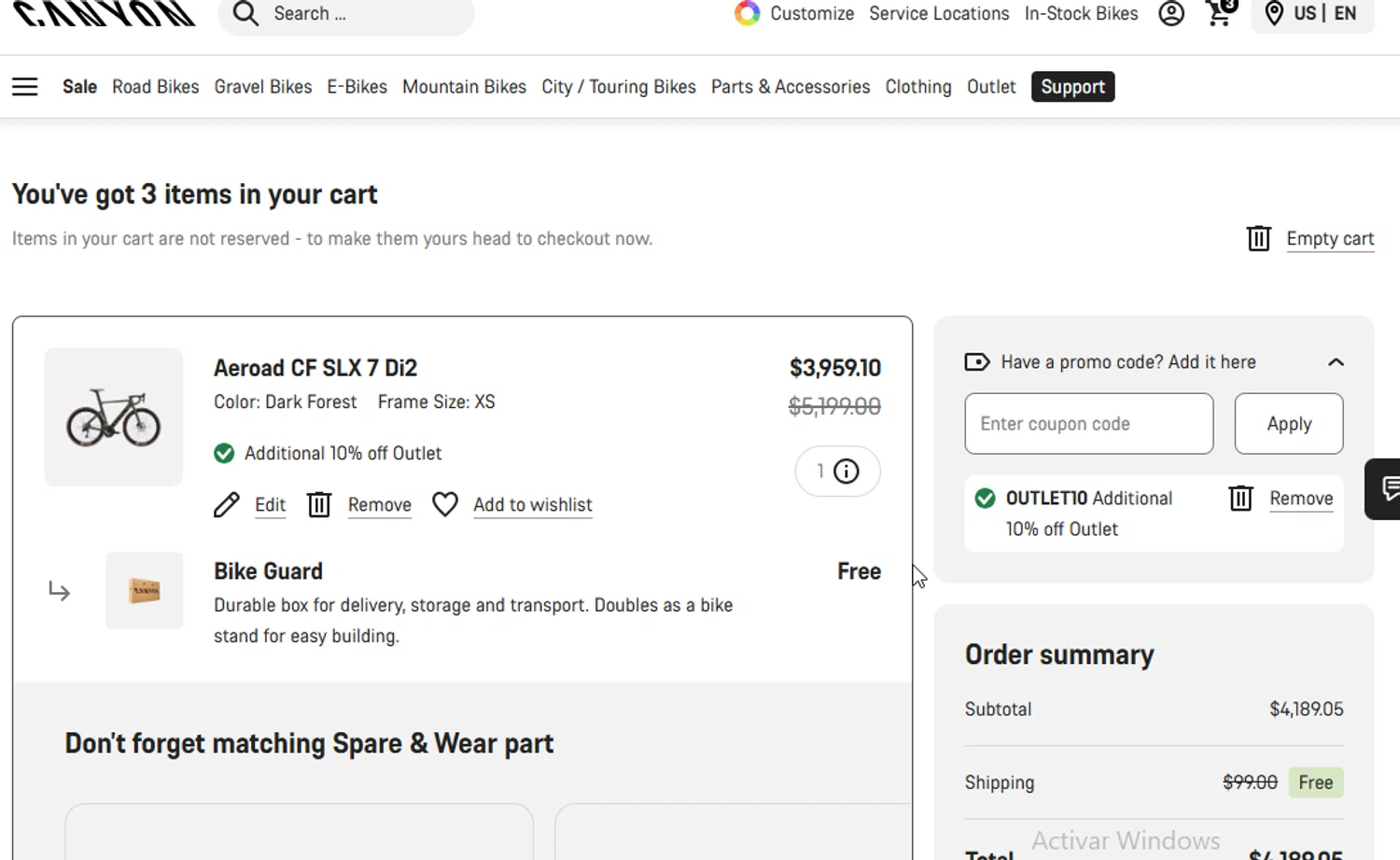 Canyon US checkout page showing Canyon US coupon code box | Screenshot taken by SimplyCodes community member on Nov 28, 2025