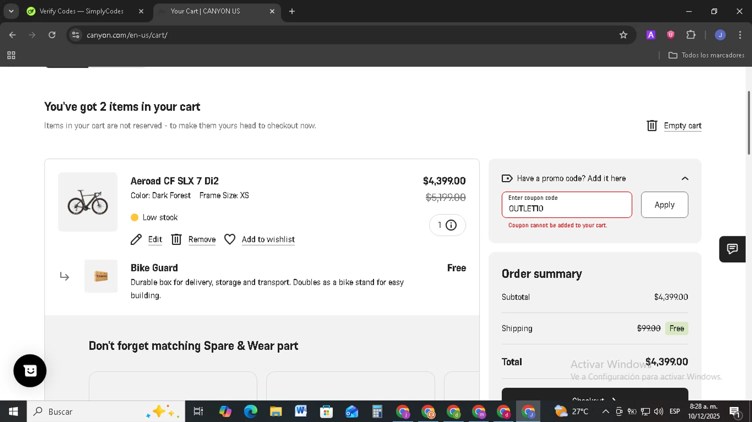 Canyon US coupon code screenshot showing code OUTLET10 applied at Canyon US checkout page. Uploaded by SimplyCodes community member EpicSage3474 on Dec 10, 2025