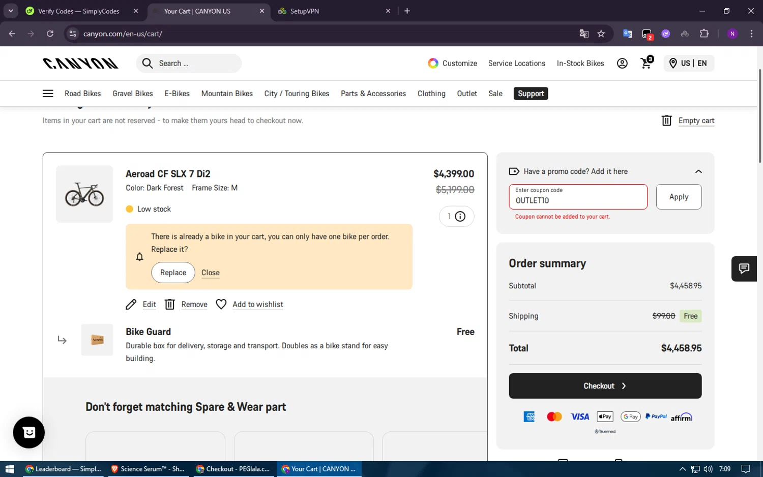 Canyon US coupon code screenshot showing code OUTLET10 applied at Canyon US checkout page. Uploaded by SimplyCodes community member ShieldElite2370 on Dec 10, 2025