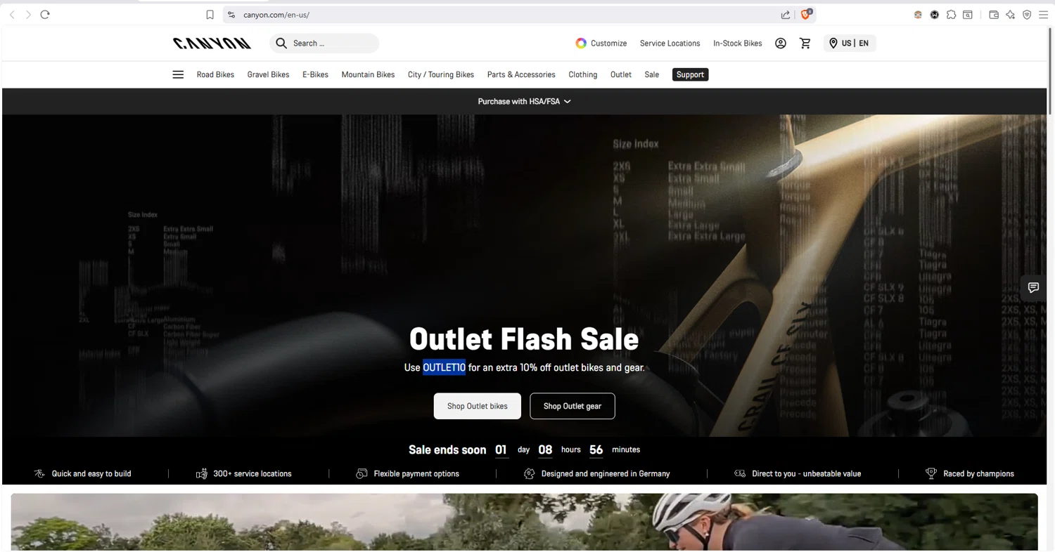 Canyon US checkout page showing Canyon US coupon code box | Screenshot taken by SimplyCodes community member on Feb 10, 2026