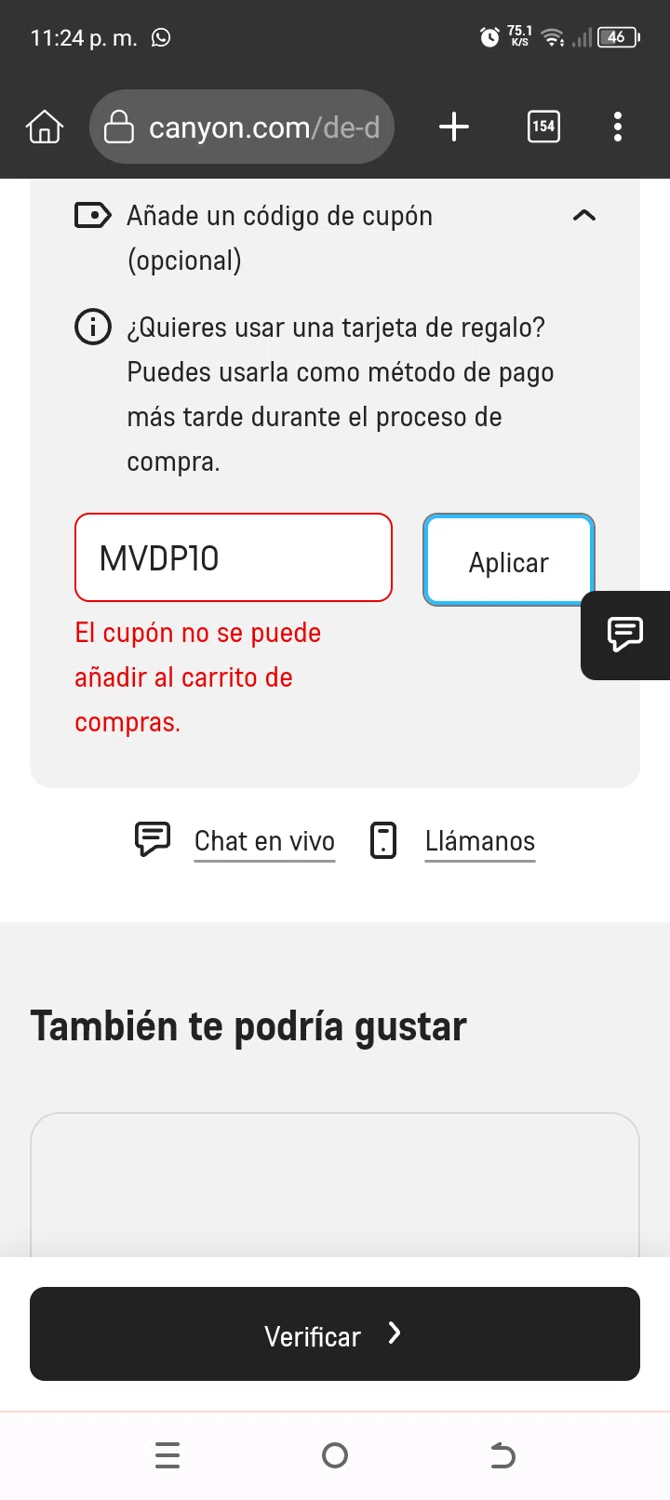 Canyon US coupon code screenshot showing code MVDP10 applied at Canyon US checkout page. Uploaded by SimplyCodes community member BonusChaser4306 on Oct 24, 2025