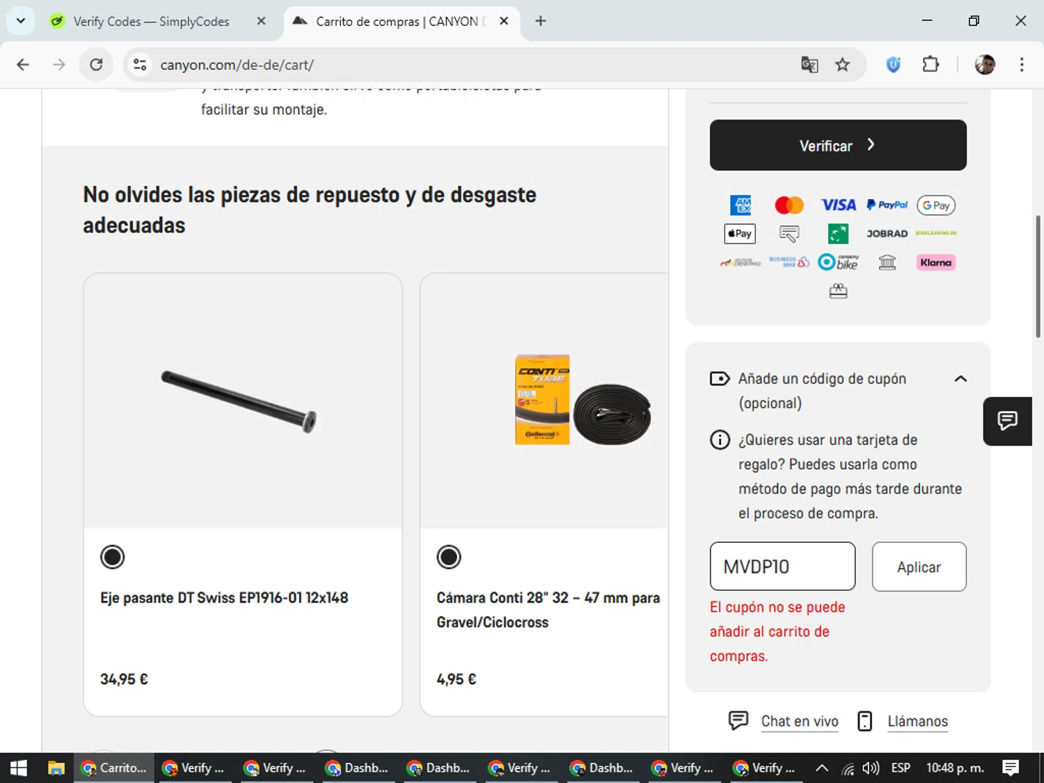 Canyon US coupon code screenshot showing code MVDP10 applied at Canyon US checkout page. Uploaded by SimplyCodes community member DiscountSeeker682 on Oct 24, 2025