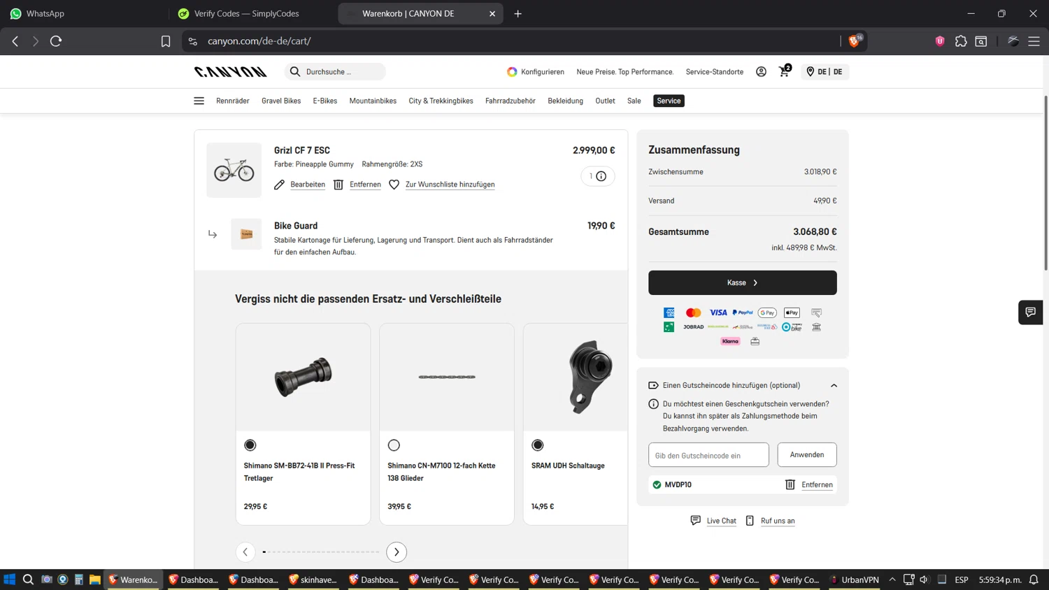 Canyon US checkout page showing Canyon US coupon code box | Screenshot taken by SimplyCodes community member on Oct 14, 2025