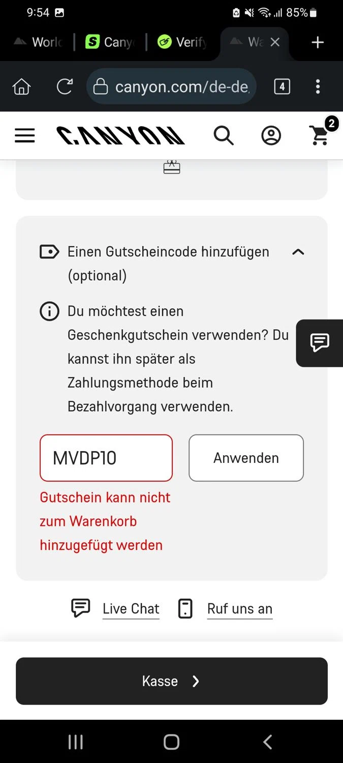 Canyon US coupon code screenshot showing code MVDP10 applied at Canyon US checkout page. Uploaded by SimplyCodes community member VillaloboY on Oct 24, 2025