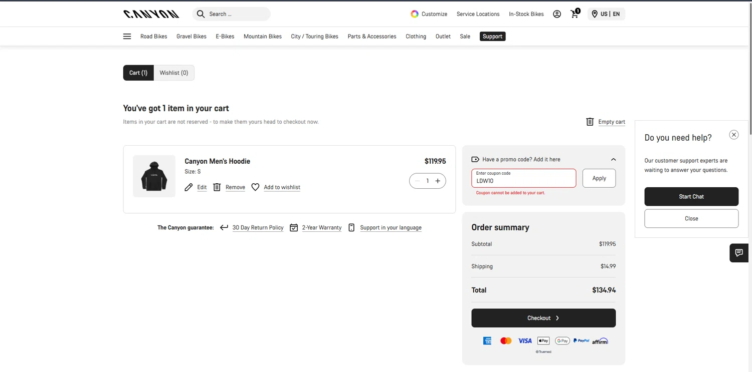 Canyon US coupon code screenshot showing code LDW10 applied at Canyon US checkout page. Uploaded by SimplyCodes community member ScanSpotter1700 on Dec 21, 2025