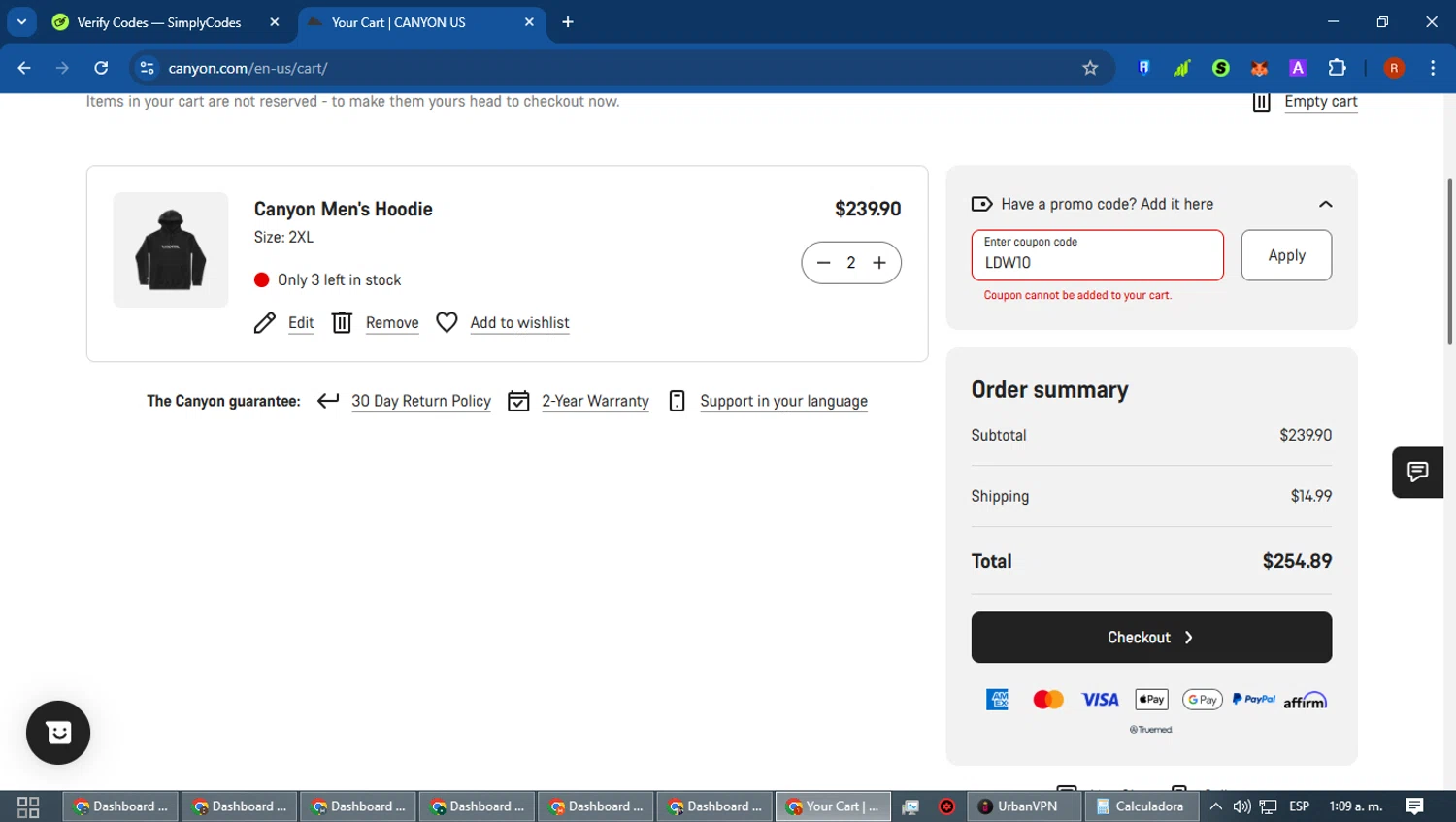 Canyon US coupon code screenshot showing code LDW10 applied at Canyon US checkout page. Uploaded by SimplyCodes community member robertotorrealba on Dec 21, 2025