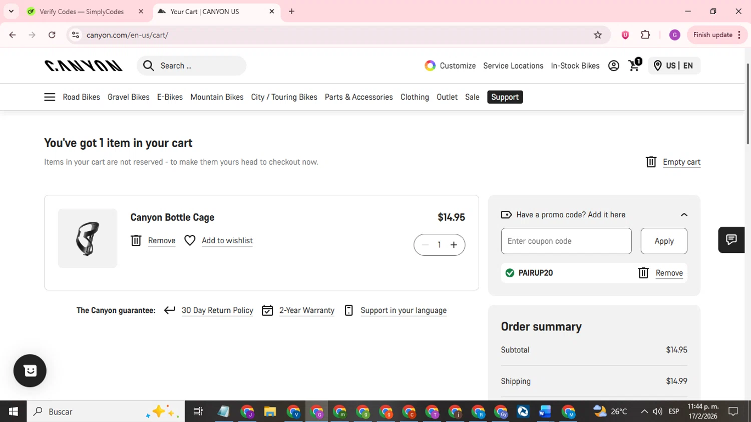Canyon US checkout page showing Canyon US coupon code box | Screenshot taken by SimplyCodes community member on Feb 18, 2026