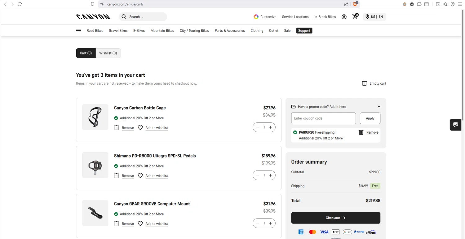 Canyon US checkout page showing Canyon US coupon code box | Screenshot taken by SimplyCodes community member on Feb 13, 2026