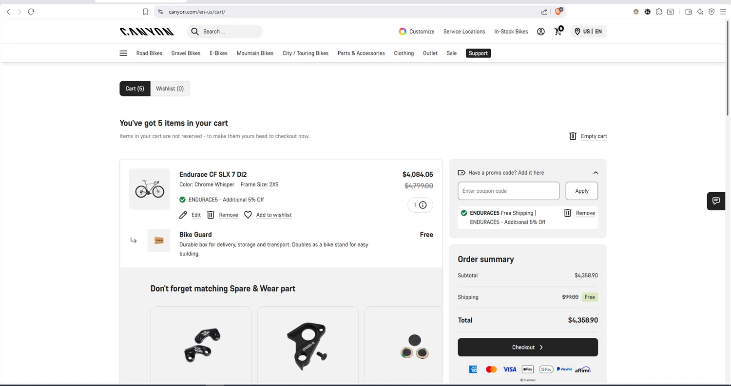 Canyon US checkout page showing Canyon US coupon code box | Screenshot taken by SimplyCodes community member on Feb 14, 2026