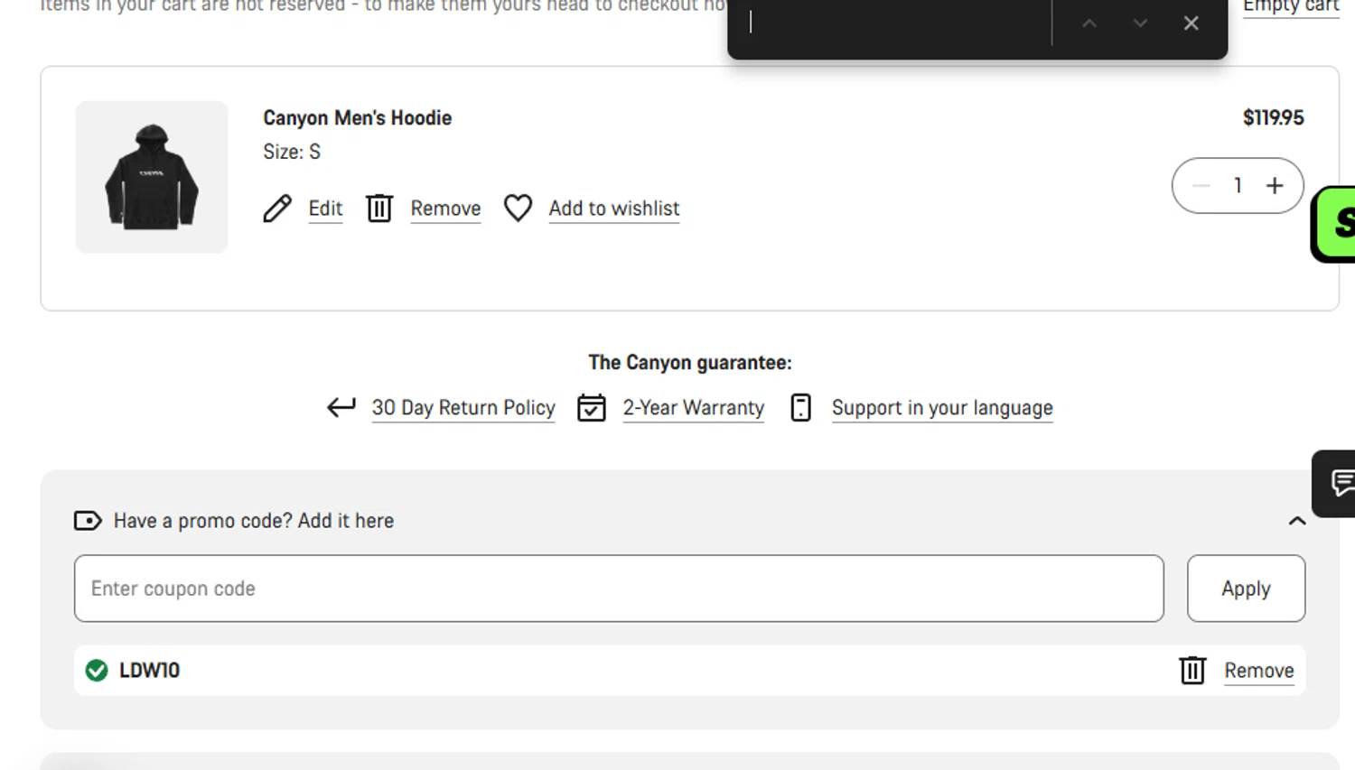 Canyon US coupon code screenshot showing code LDW10 applied at Canyon US checkout page. Uploaded by SimplyCodes community member ashe1986 on Dec 8, 2025