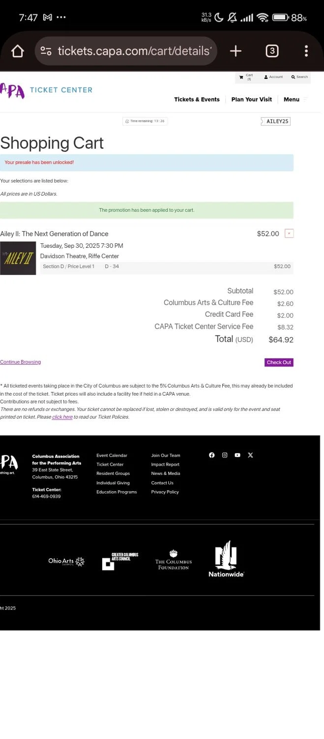 CAPA promo code screenshot showing code AILEY25 applied at CAPA checkout page. Uploaded by SimplyCodes community member Bjhfuhdf on Sep 21, 2025
