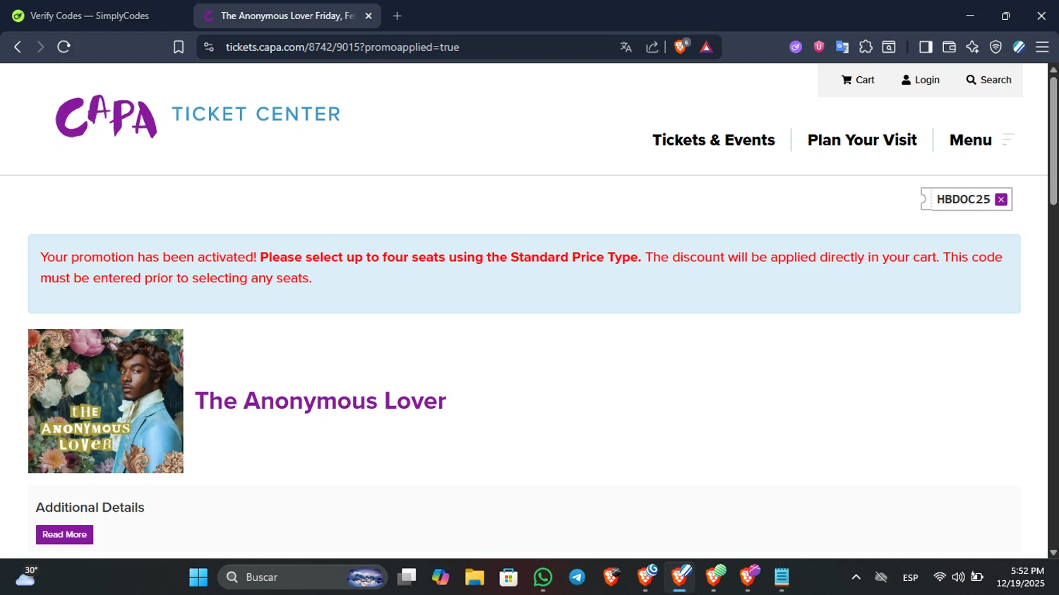 CAPA promo code screenshot showing code HBDOC25 applied at CAPA checkout page. Uploaded by SimplyCodes community member QuestScholar3007 on Dec 19, 2025