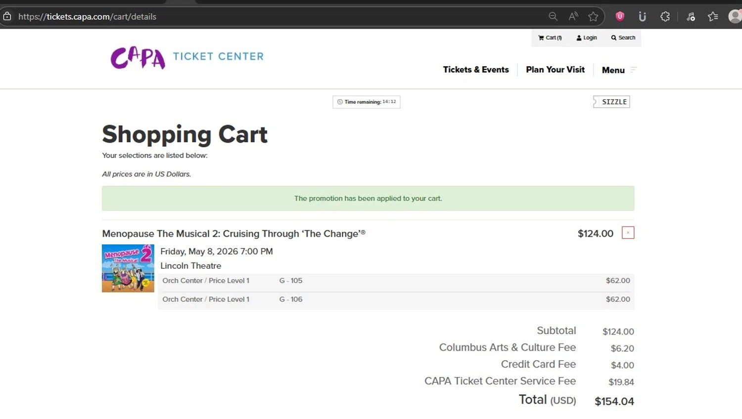 CAPA promo code screenshot showing code SIZZLE applied at CAPA checkout page. Uploaded by SimplyCodes community member HonestVzla on Jul 2, 2025