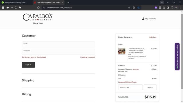 Capalbos checkout page showing Capalbos promo code box | Screenshot taken by SimplyCodes community member on Sep 13, 2025