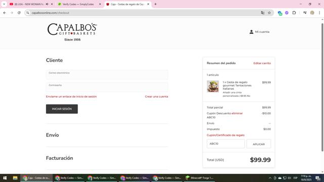 Capalbos checkout page showing Capalbos promo code box | Screenshot taken by SimplyCodes community member on Aug 10, 2025
