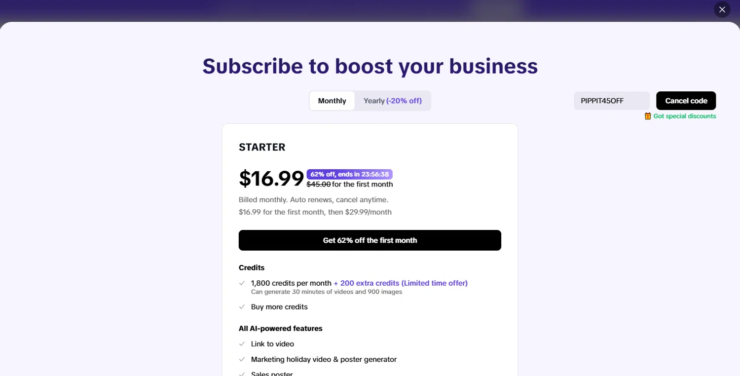 Capcut promo code screenshot showing code PIPPIT45OFF applied at Capcut checkout page. Uploaded by SimplyCodes community member rapiddeals on May 15, 2025