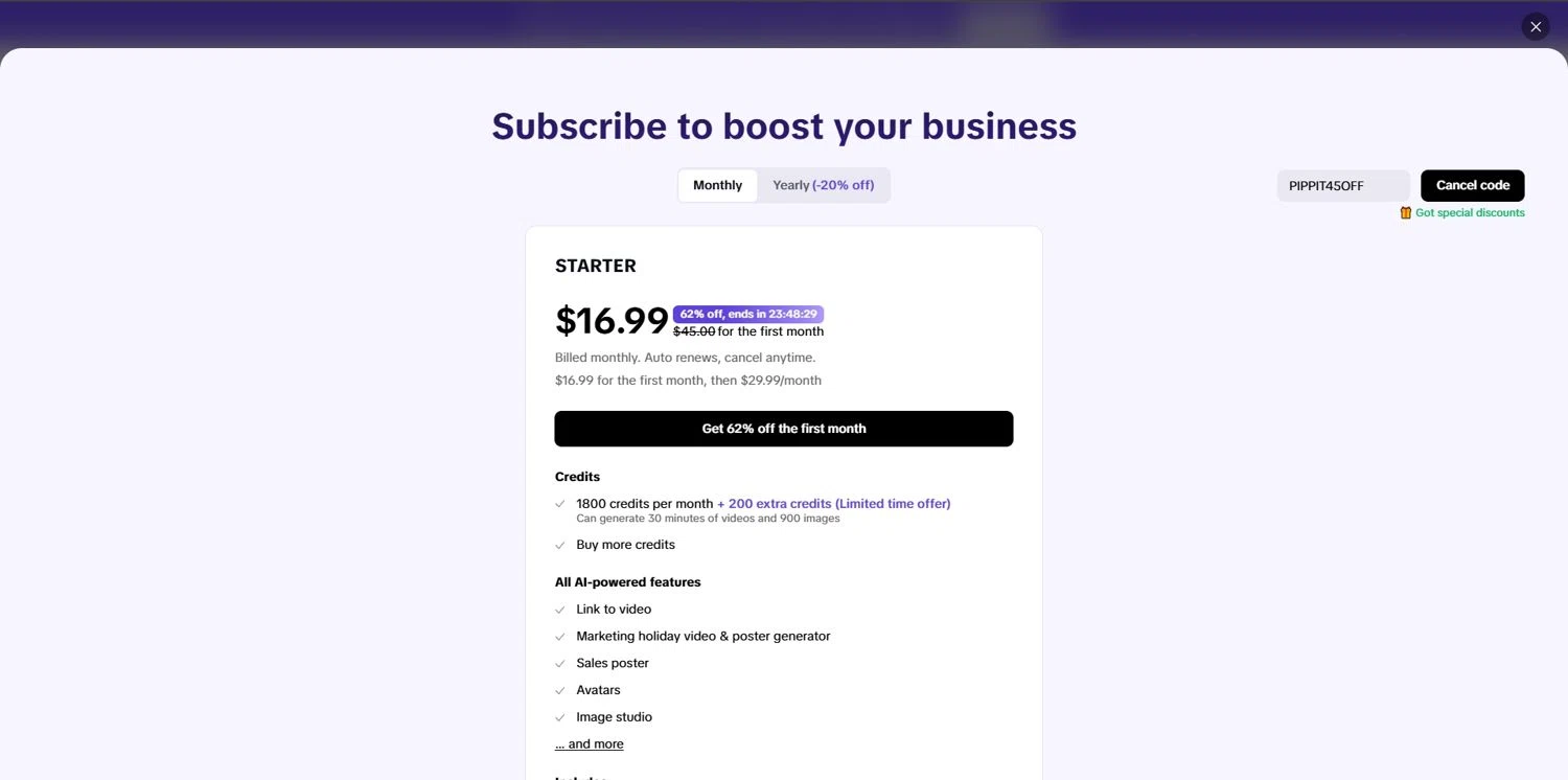 Capcut promo code screenshot showing code PIPPIT45OFF applied at Capcut checkout page. Uploaded by SimplyCodes community member Depressive on Jul 11, 2025