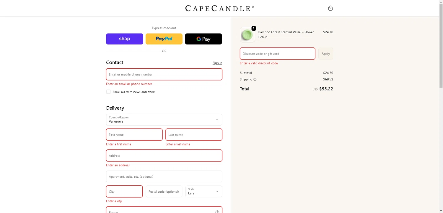Cape Candle discount code screenshot showing code DEALSNSTEALS5 applied at Cape Candle checkout page. Uploaded by SimplyCodes community member aver_136263192 on Nov 8, 2025