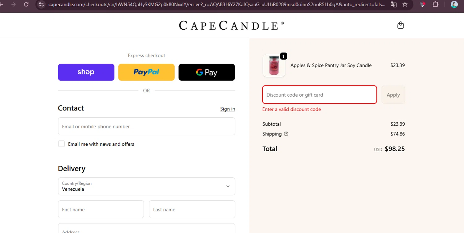 Cape Candle discount code screenshot showing code DEALSNSTEALS5 applied at Cape Candle checkout page. Uploaded by SimplyCodes community member elgatobravo on Nov 8, 2025