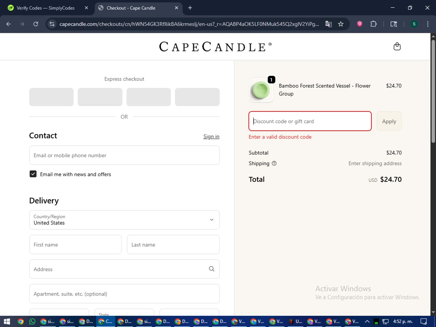 Cape Candle discount code screenshot showing code DEALSNSTEALS5 applied at Cape Candle checkout page. Uploaded by SimplyCodes community member lilMosey on Nov 8, 2025