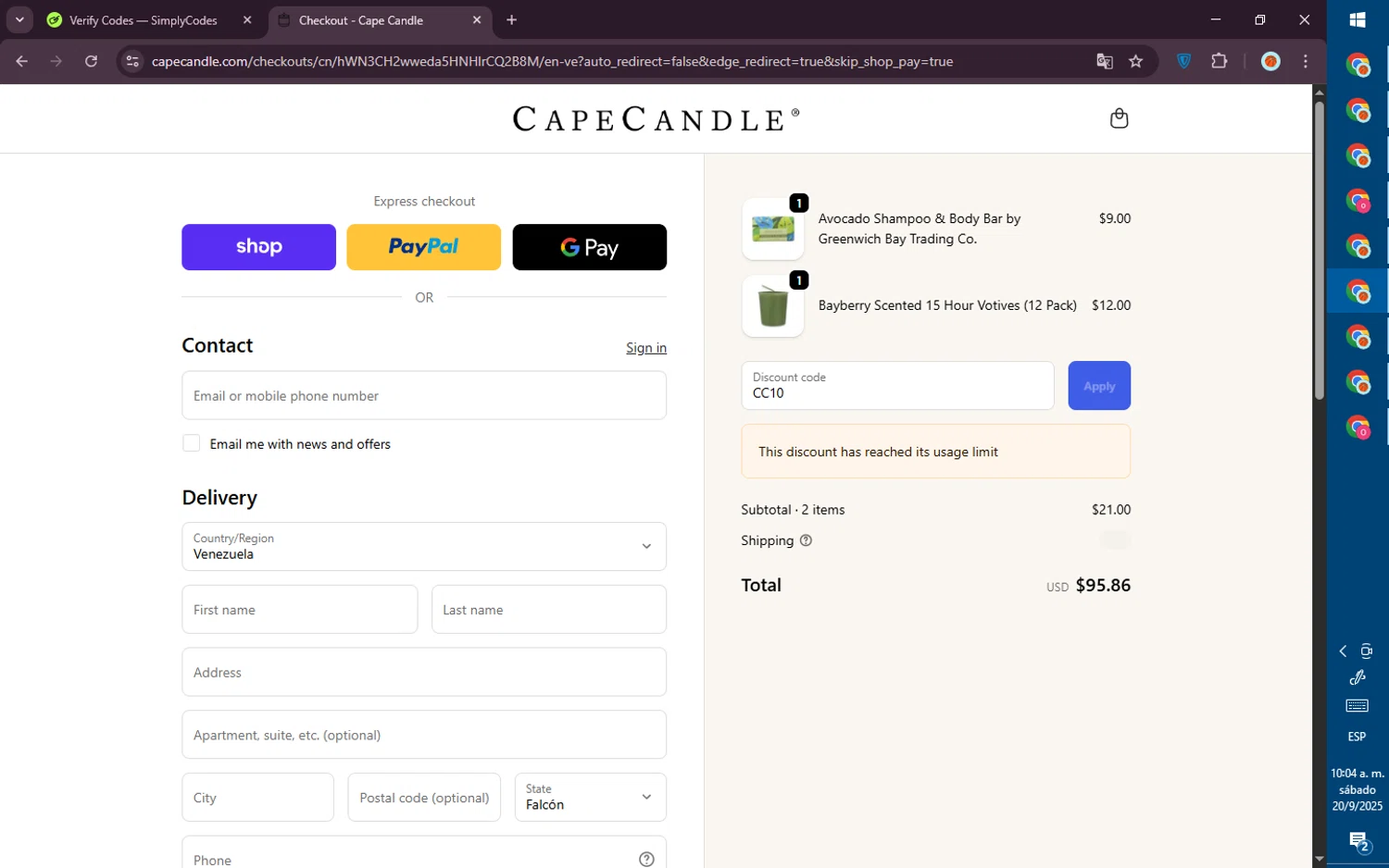 Cape Candle discount code screenshot showing code CC10 applied at Cape Candle checkout page. Uploaded by SimplyCodes community member PromoVoyager8446 on Sep 20, 2025