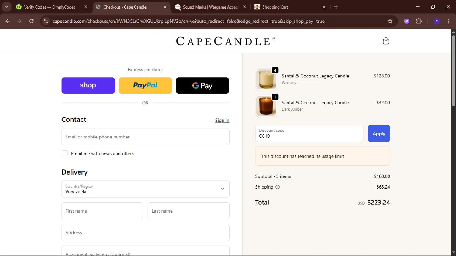 Cape Candle discount code screenshot showing code CC10 applied at Cape Candle checkout page. Uploaded by SimplyCodes community member TokenElite6436 on Sep 20, 2025
