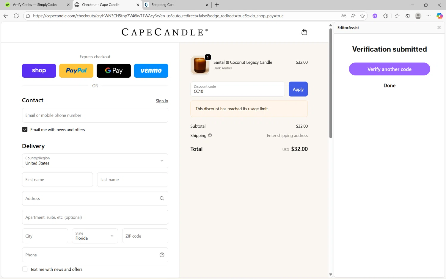 Cape Candle discount code screenshot showing code CC10 applied at Cape Candle checkout page. Uploaded by SimplyCodes community member frijolito on Sep 20, 2025