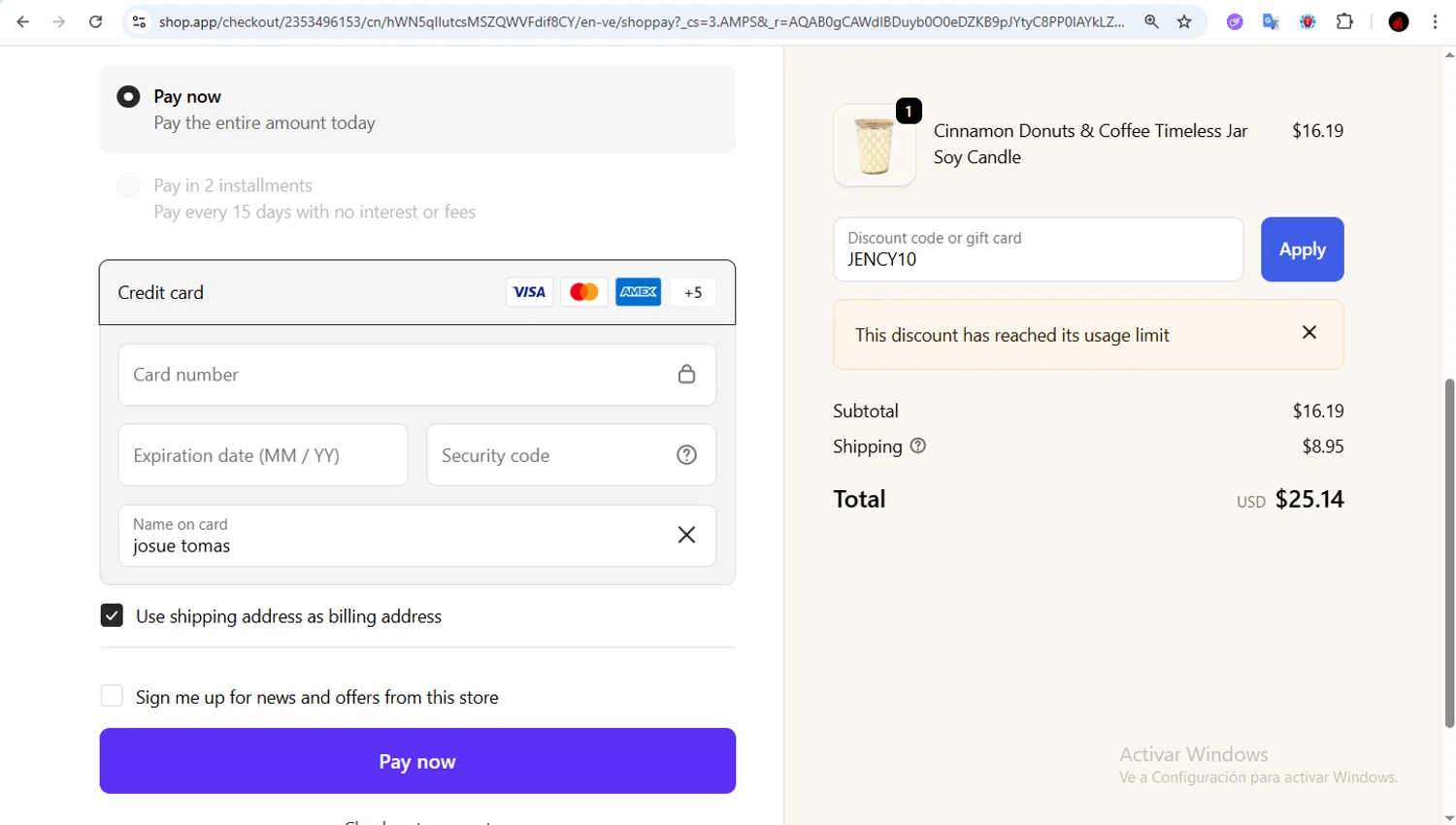Cape Candle discount code screenshot showing code JENCY10 applied at Cape Candle checkout page. Uploaded by SimplyCodes community member Francisco01 on Nov 29, 2025