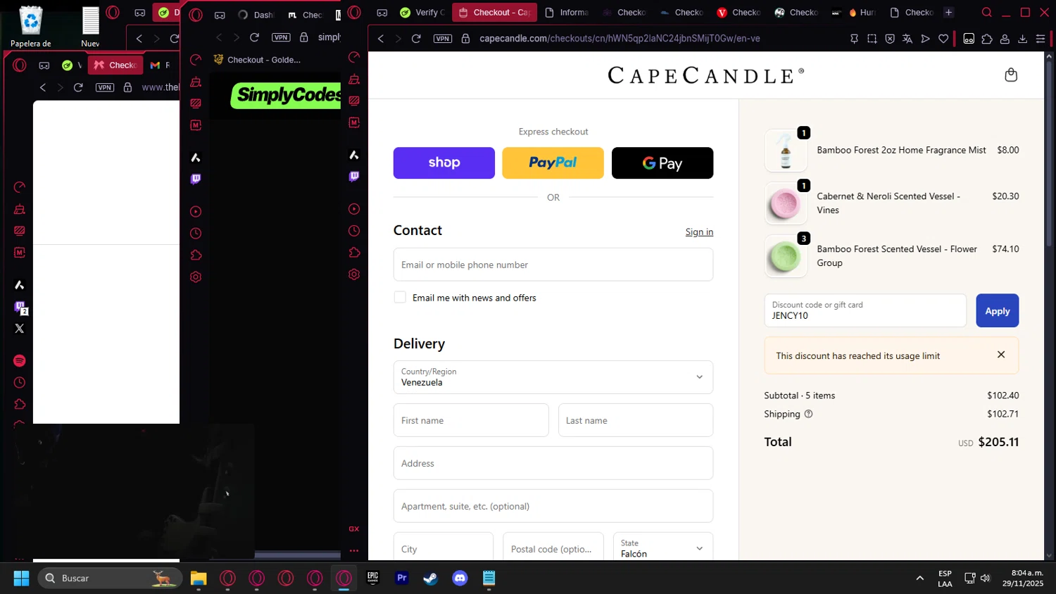 Cape Candle discount code screenshot showing code JENCY10 applied at Cape Candle checkout page. Uploaded by SimplyCodes community member Handivlak on Nov 29, 2025