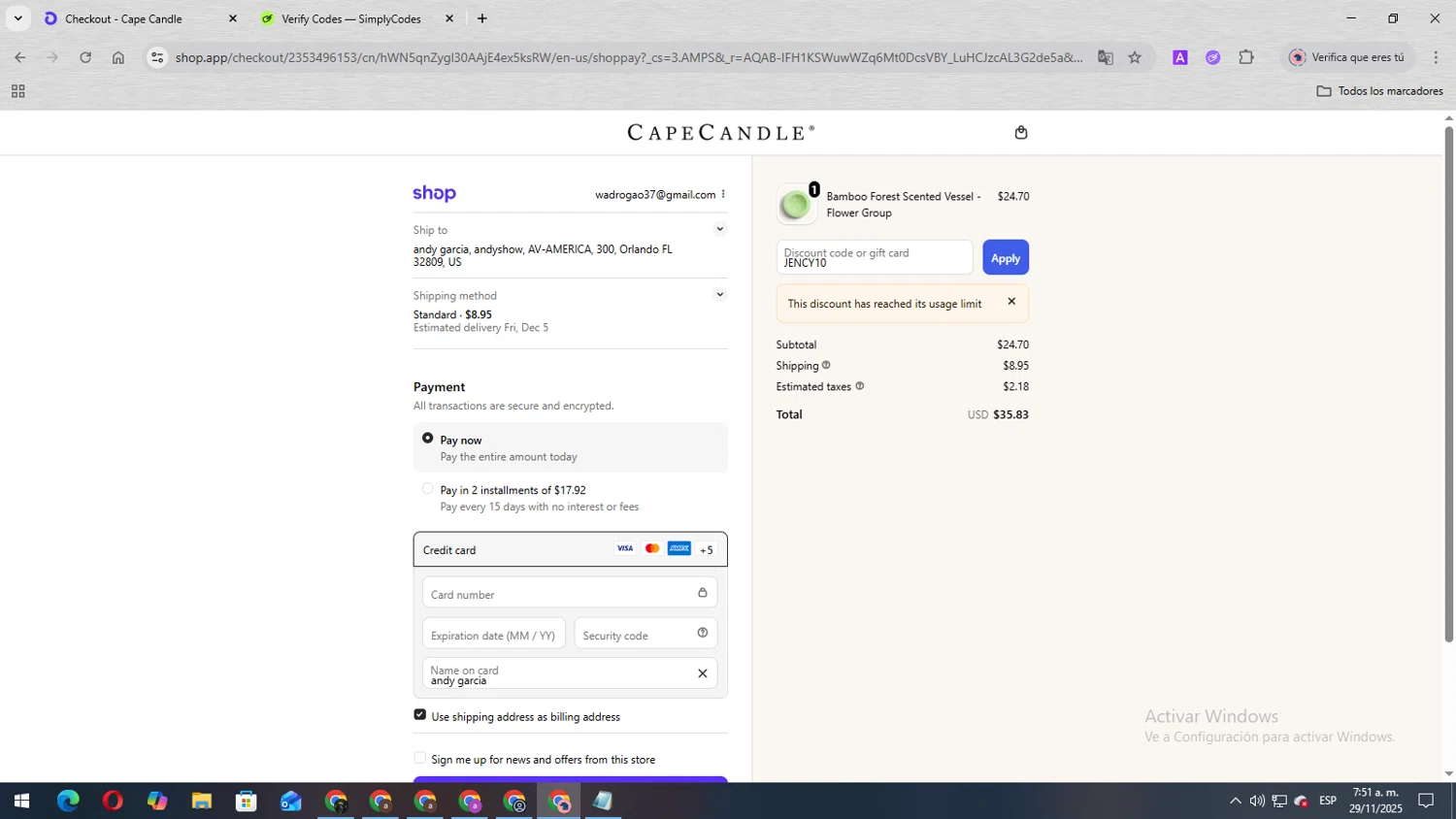 Cape Candle discount code screenshot showing code JENCY10 applied at Cape Candle checkout page. Uploaded by SimplyCodes community member SmartShopper4328 on Nov 29, 2025