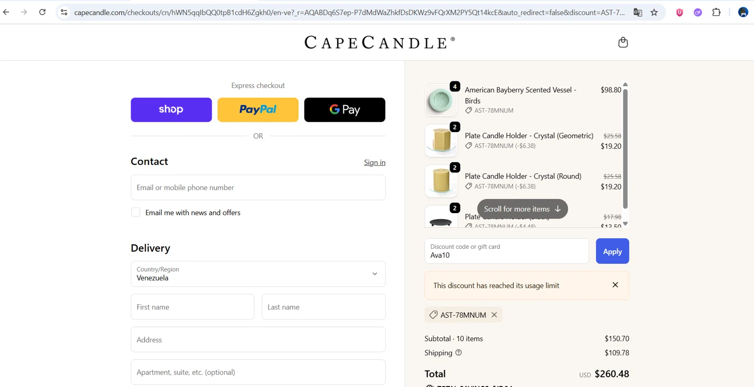 Cape Candle discount code screenshot showing code Ava10 applied at Cape Candle checkout page. Uploaded by SimplyCodes community member BonusPro457 on Nov 29, 2025