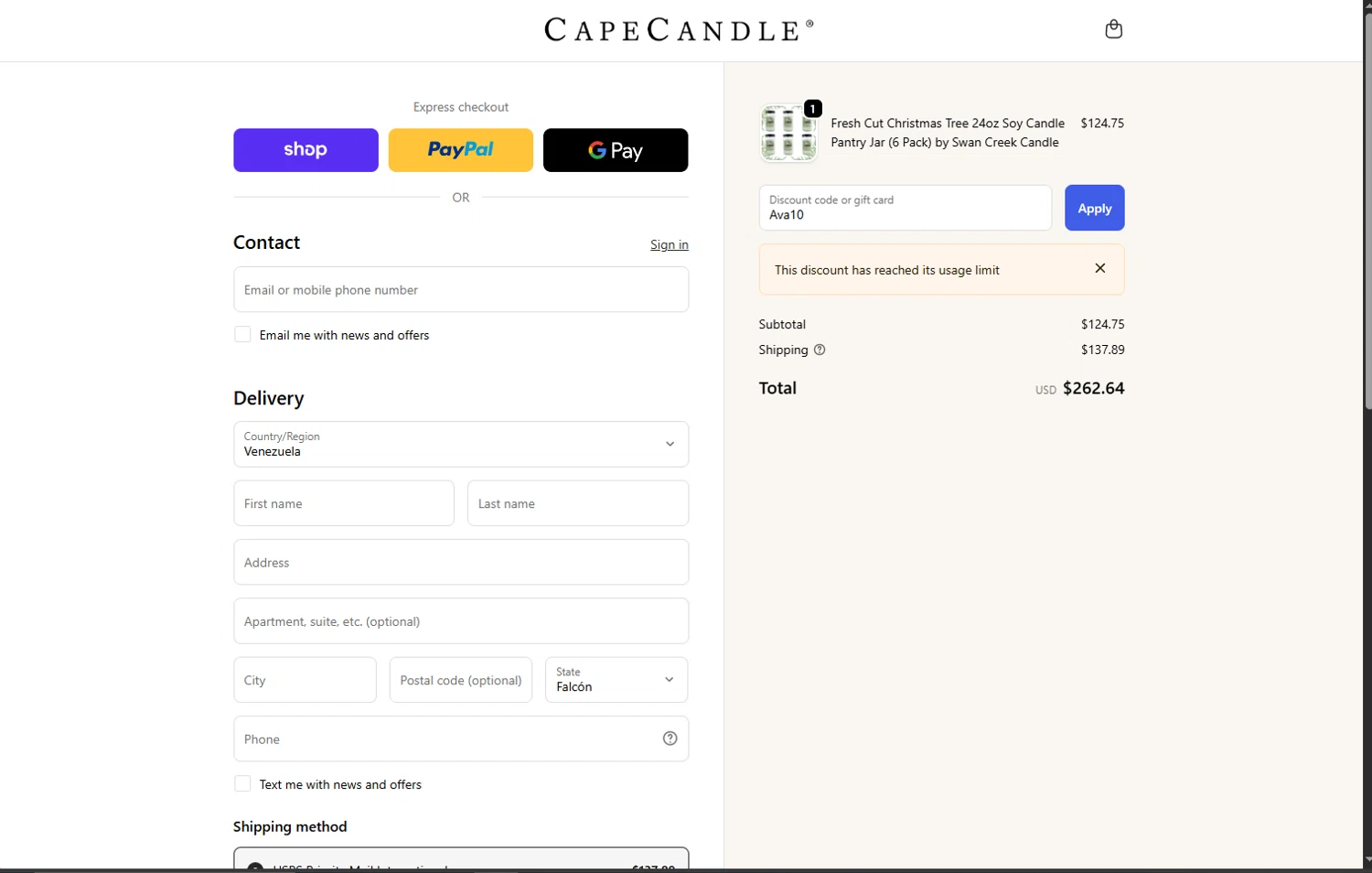 Cape Candle discount code screenshot showing code Ava10 applied at Cape Candle checkout page. Uploaded by SimplyCodes community member Peluche on Nov 29, 2025