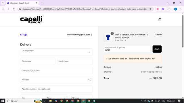 Capelli Sport checkout page showing Capelli Sport coupon code box | Screenshot taken by SimplyCodes community member on Sep 11, 2025