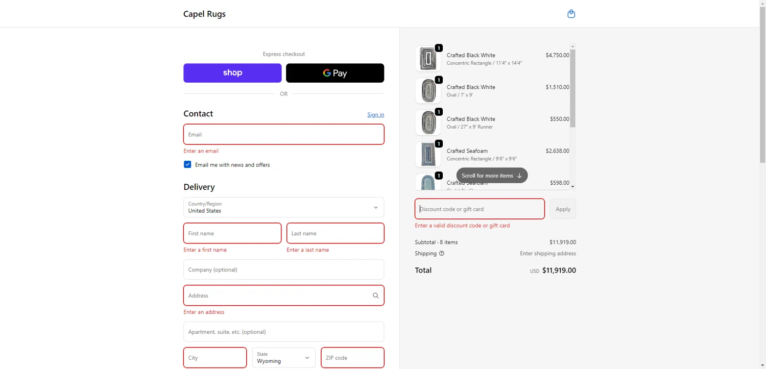Capel Rugs promo code screenshot showing code HOLI-DEALS applied at Capel Rugs checkout page. Uploaded by SimplyCodes community member TreasureKnight4134 on Jan 4, 2026