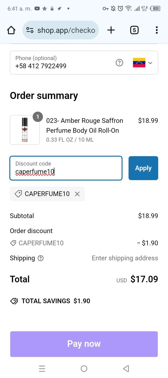 CA Perfume promo code screenshot showing code caperfume10 applied at CA Perfume checkout page. Uploaded by SimplyCodes community member CrownChaser1876 on Feb 22, 2025